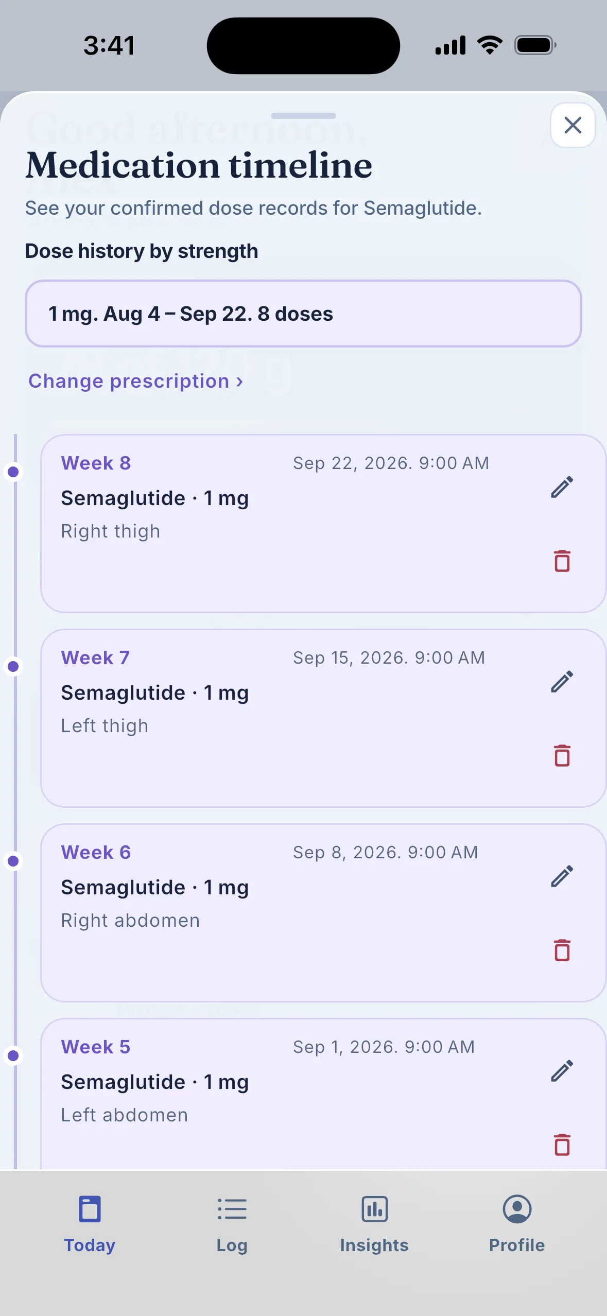 Pepbite dose log with the next scheduled dose