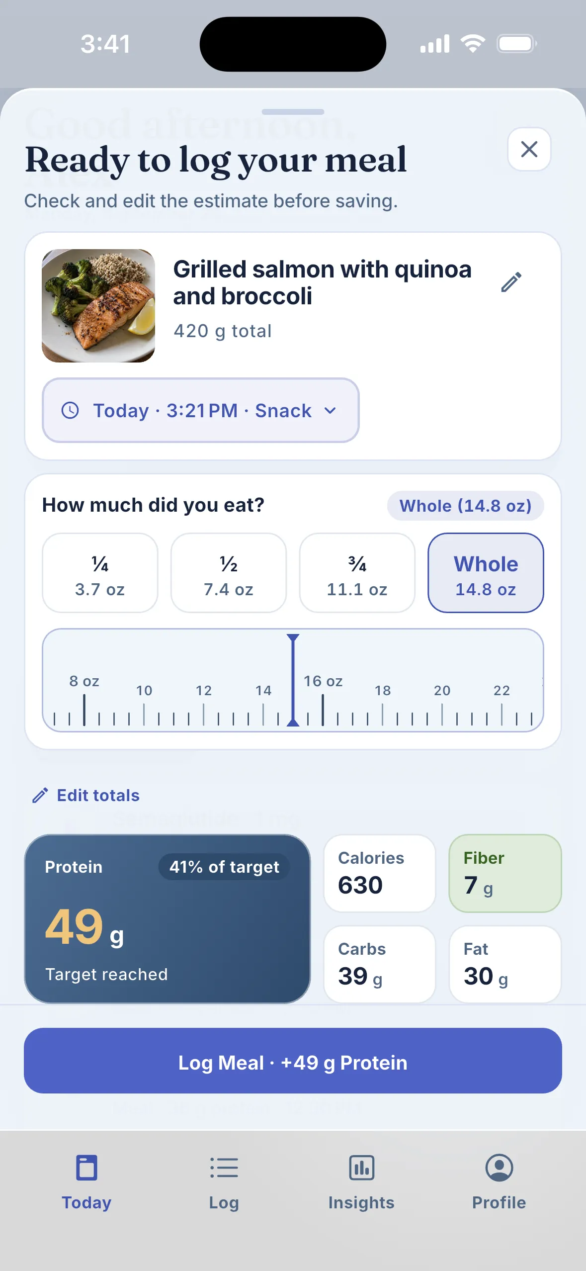 Pepbite meal scan result with an AI protein estimate